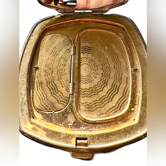 Vintage La Mode Black & Floral Guilloche Compact Mirror - Circa 1930s-40s - Picture 8 of 16